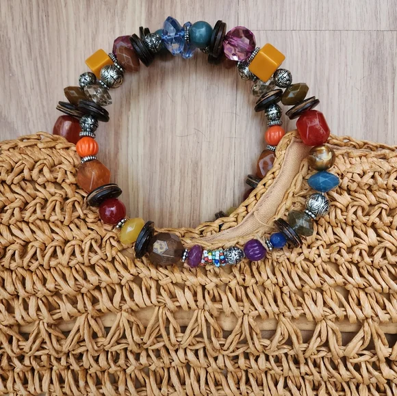 Women's Crochet Cappelli Straw Summer Bag with Beaded Handle - Picture 2 of 9